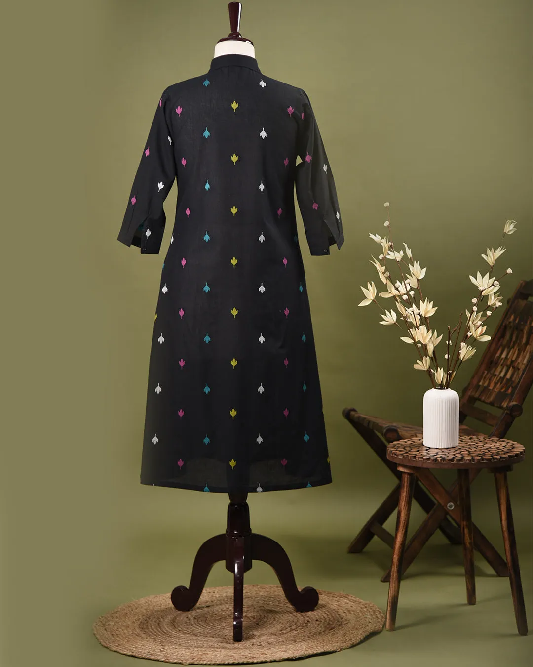 Black Cotton Handloom Woven Ready-To-Wear A Line Kurta Set With Culottes