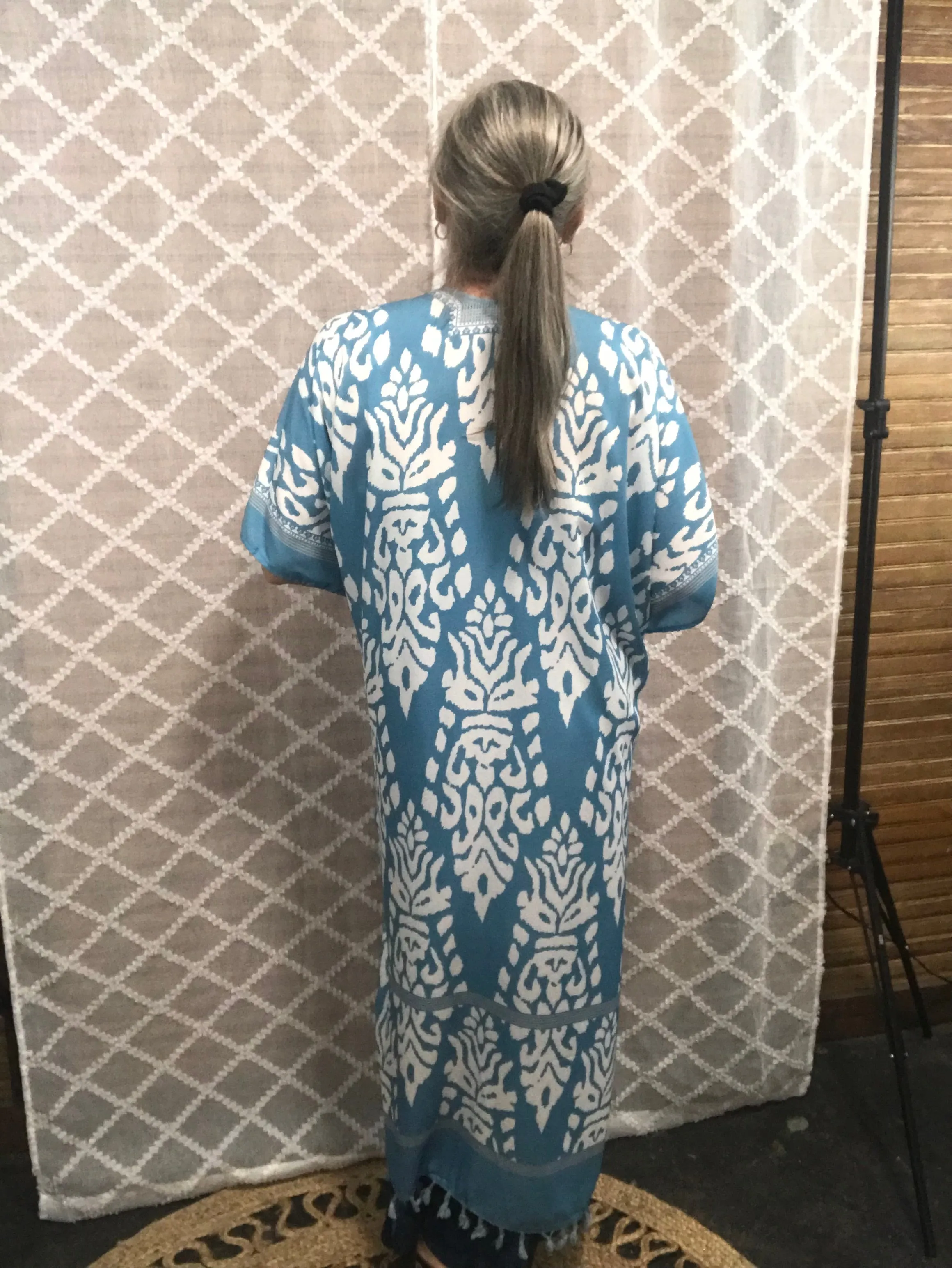 Blue Abstract Print Long Kimono