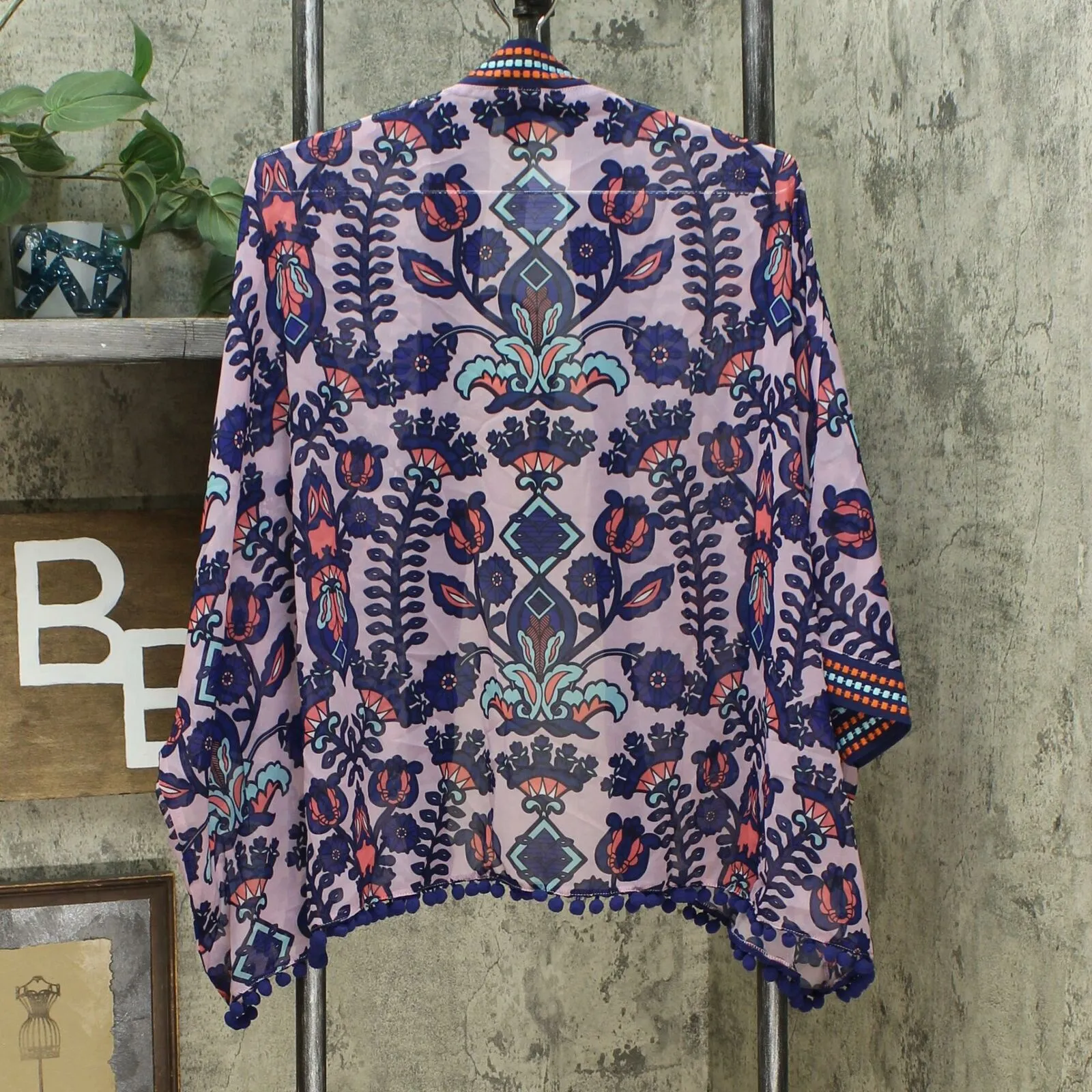 Colleen Lopez Women's Embroidered Kimono Topper With Pompom Trim