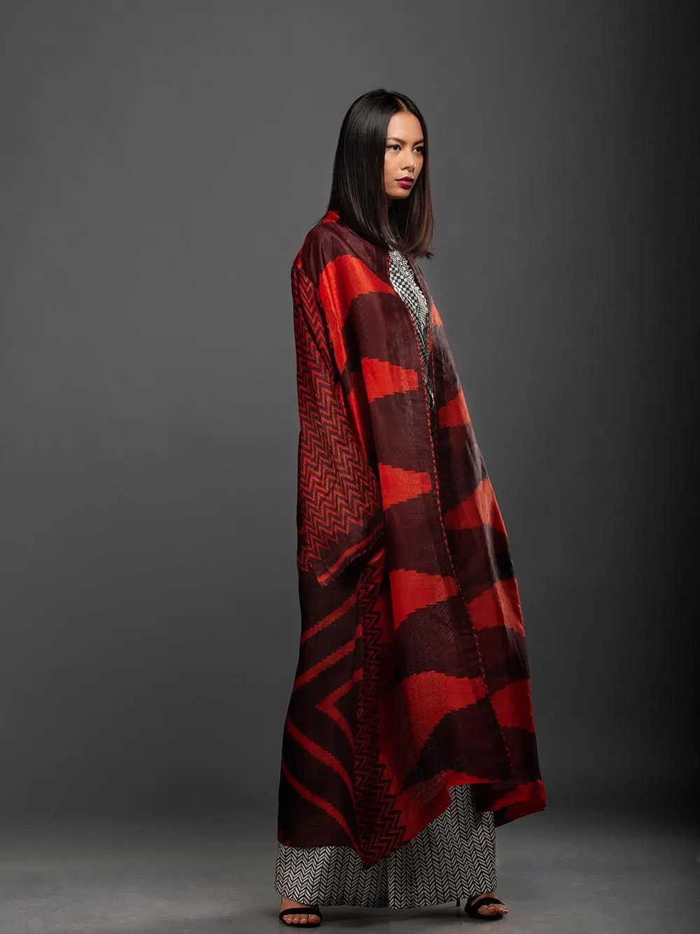 Sanskar by Sonam Dubal - Rust And Burgundy Silk Ikat Long Kimono
