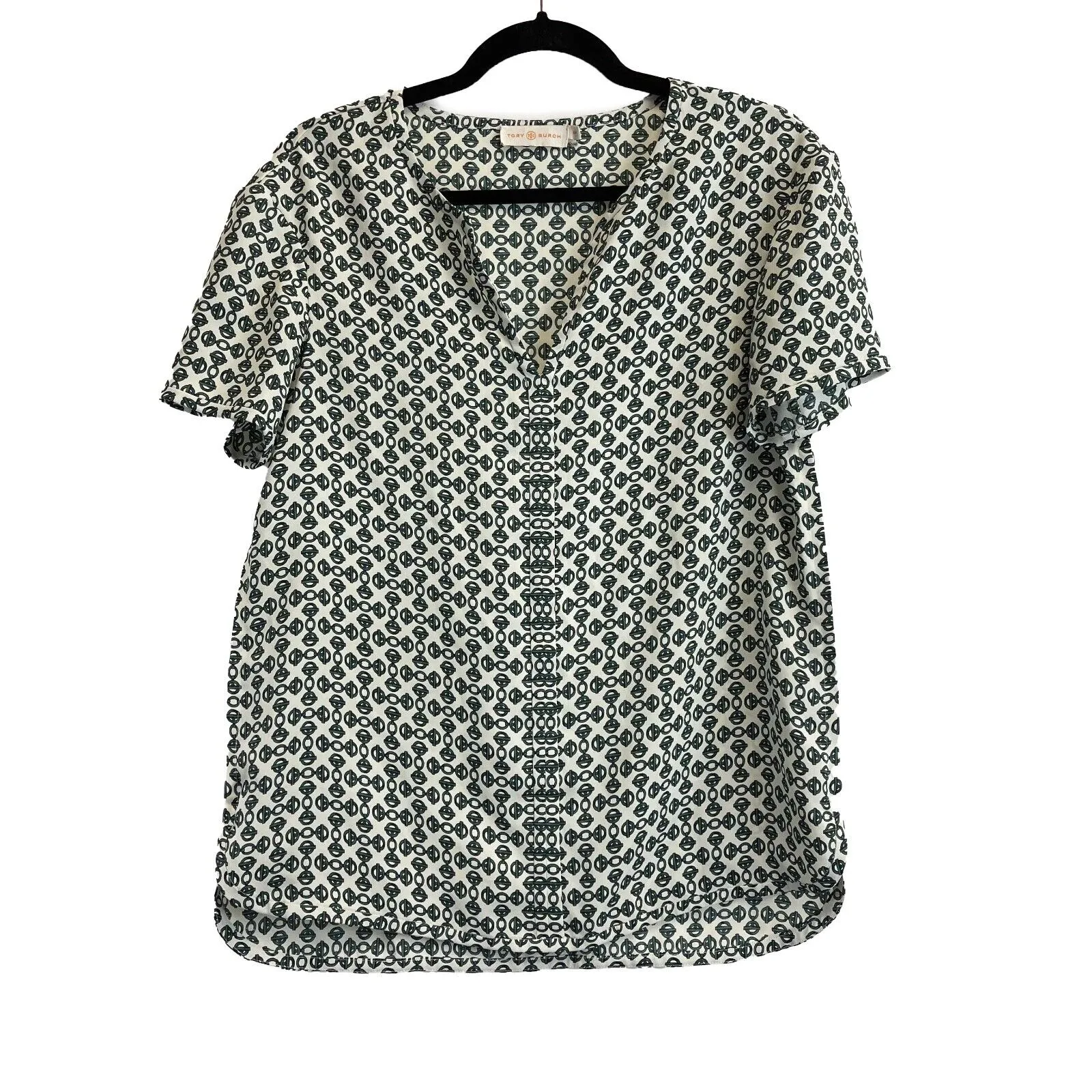 Tory Burch - Excellent - Chain Short Sleeve Shirt - White, Green - Small - Top